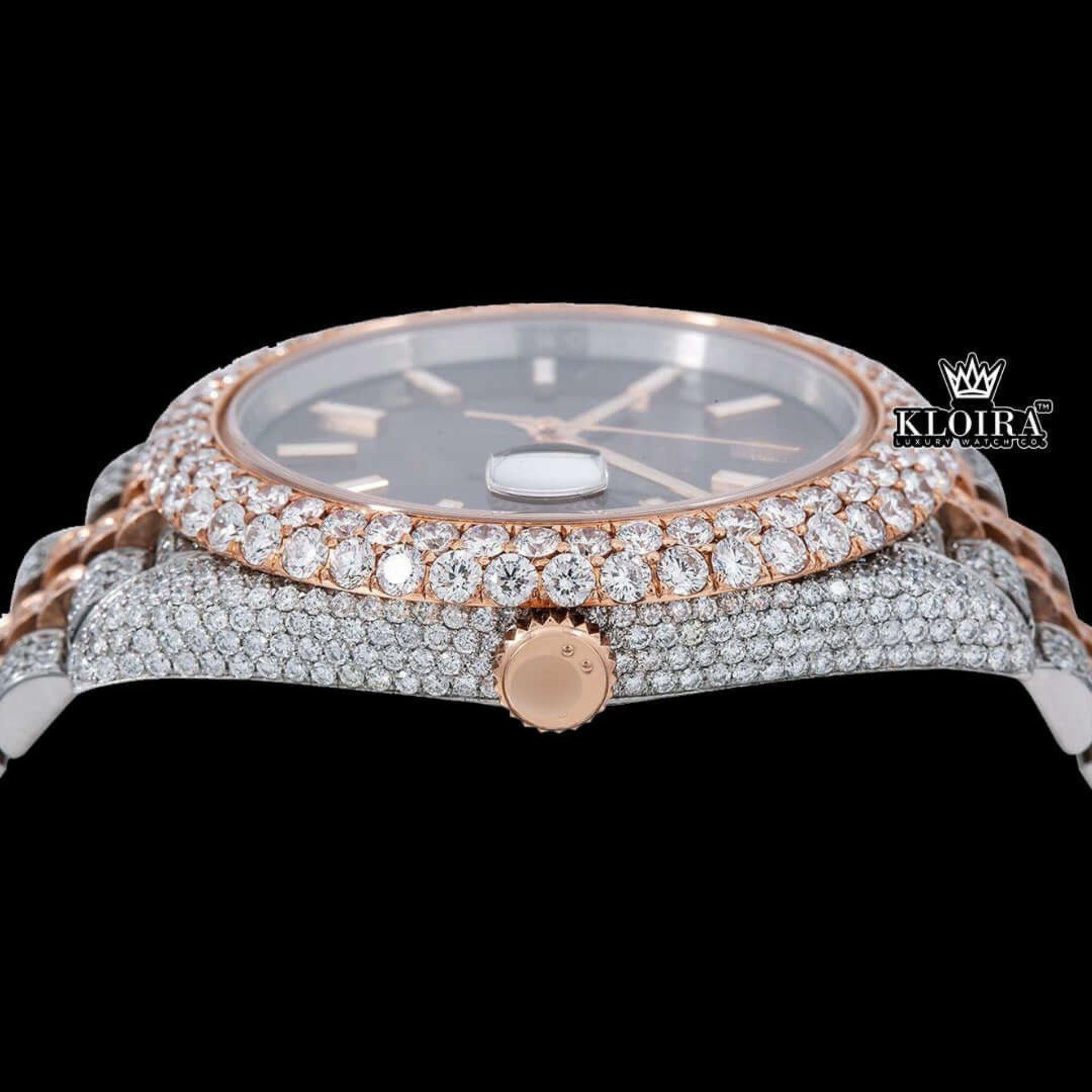 Brown Dial Stick Markers Two Tone Diamond Link Strap Moissanite Watch Crown View