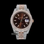 Brown Dial Stick Markers Two Tone Diamond Link Strap Moissanite Watch
