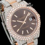 Brown Dial White Stick Markers Bust Down Moissanite Diamond Watch Close Up Dial View