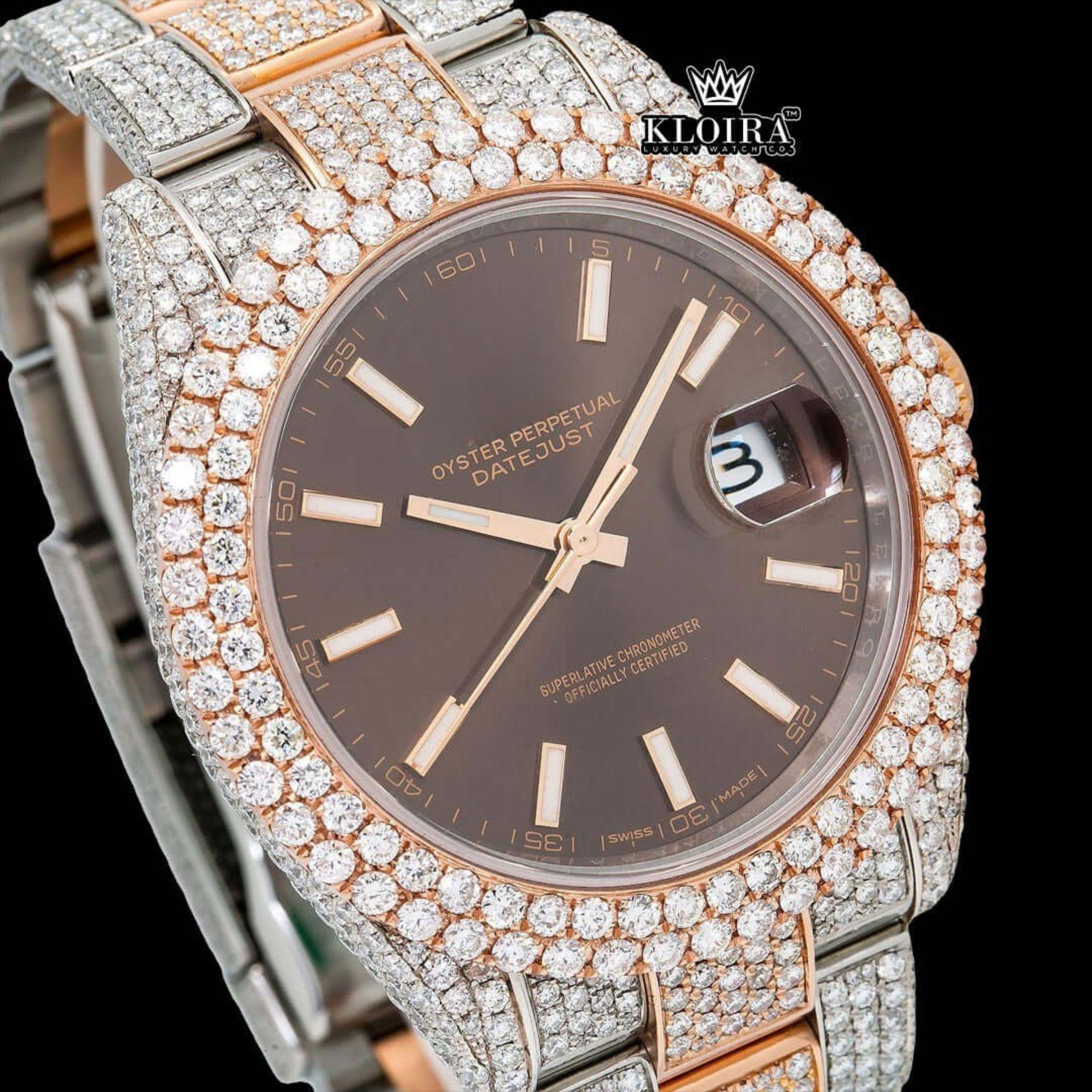 Brown Dial White Stick Markers Bust Down Moissanite Diamond Watch Close Up Dial View