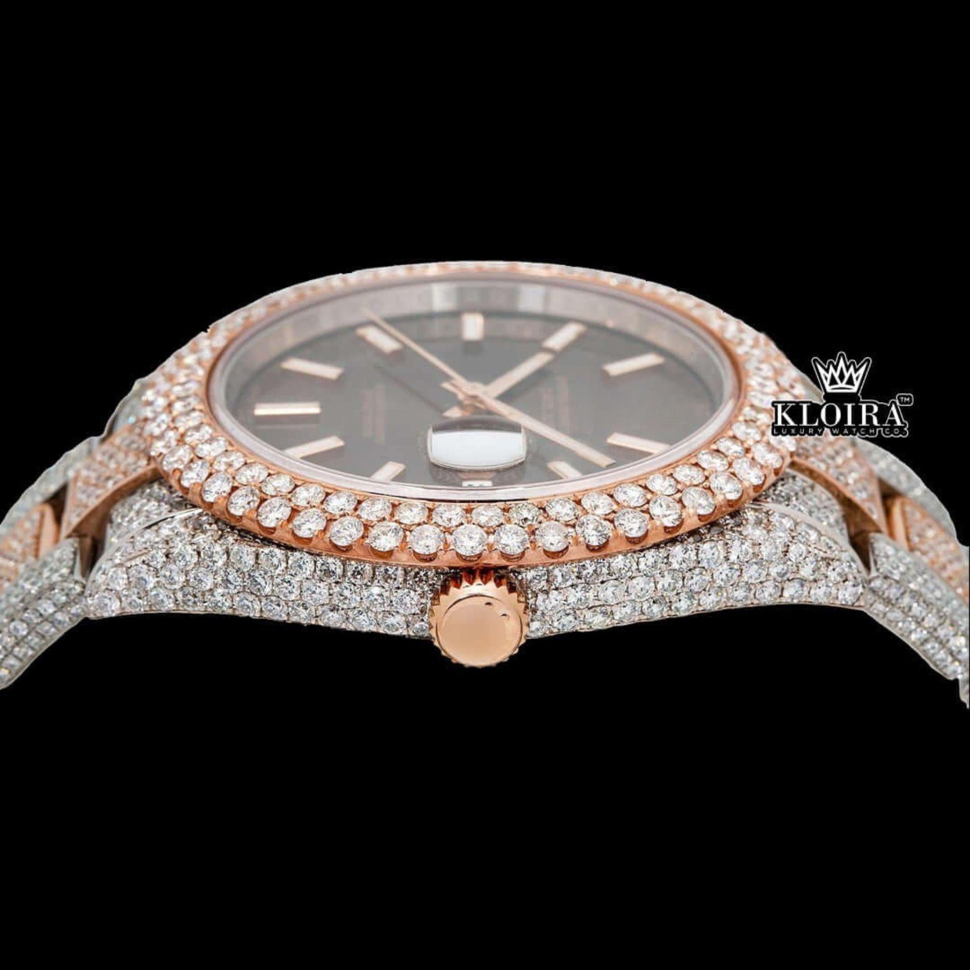 Brown Dial White Stick Markers Bust Down Moissanite Diamond Watch Crown View