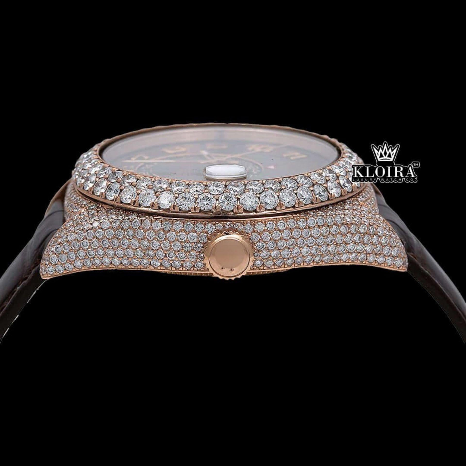 Brown Leather Strap Brown Dial Semi Iced Out Moissanite Diamond Watch Crown View