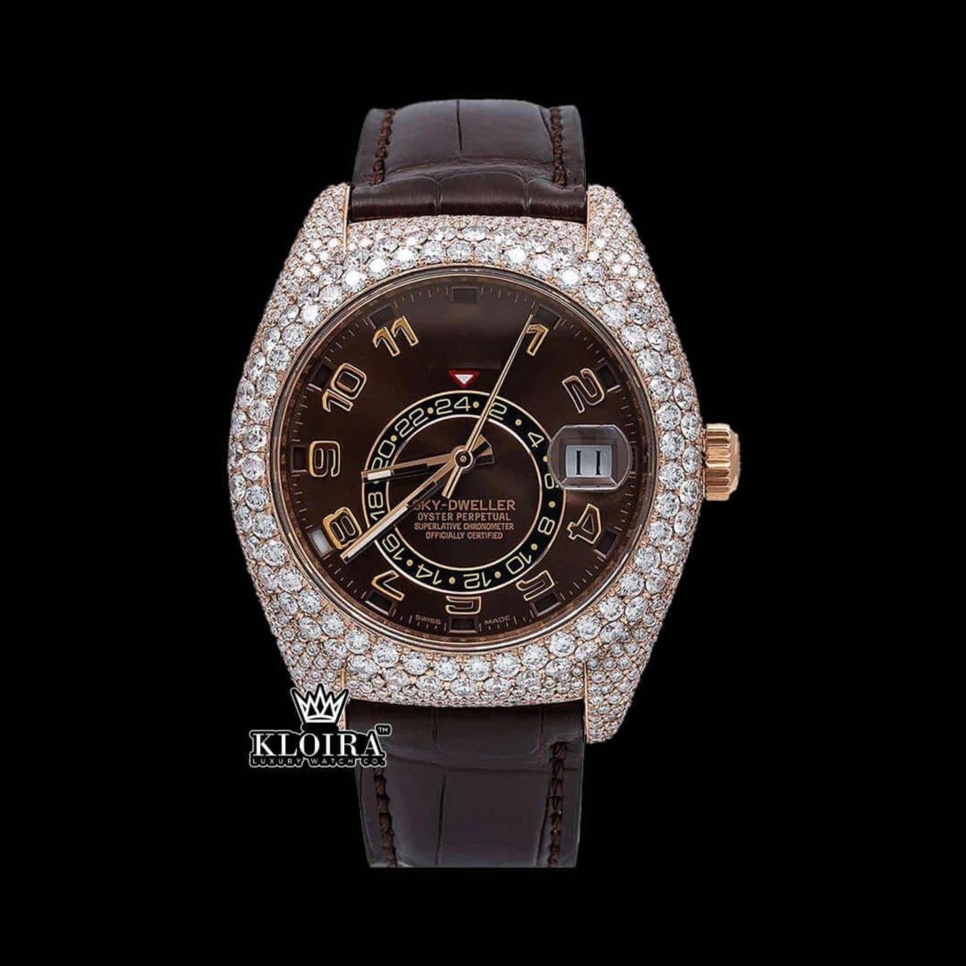 Brown Leather Strap Brown Dial Semi Iced Out Moissanite Diamond Watch Front View