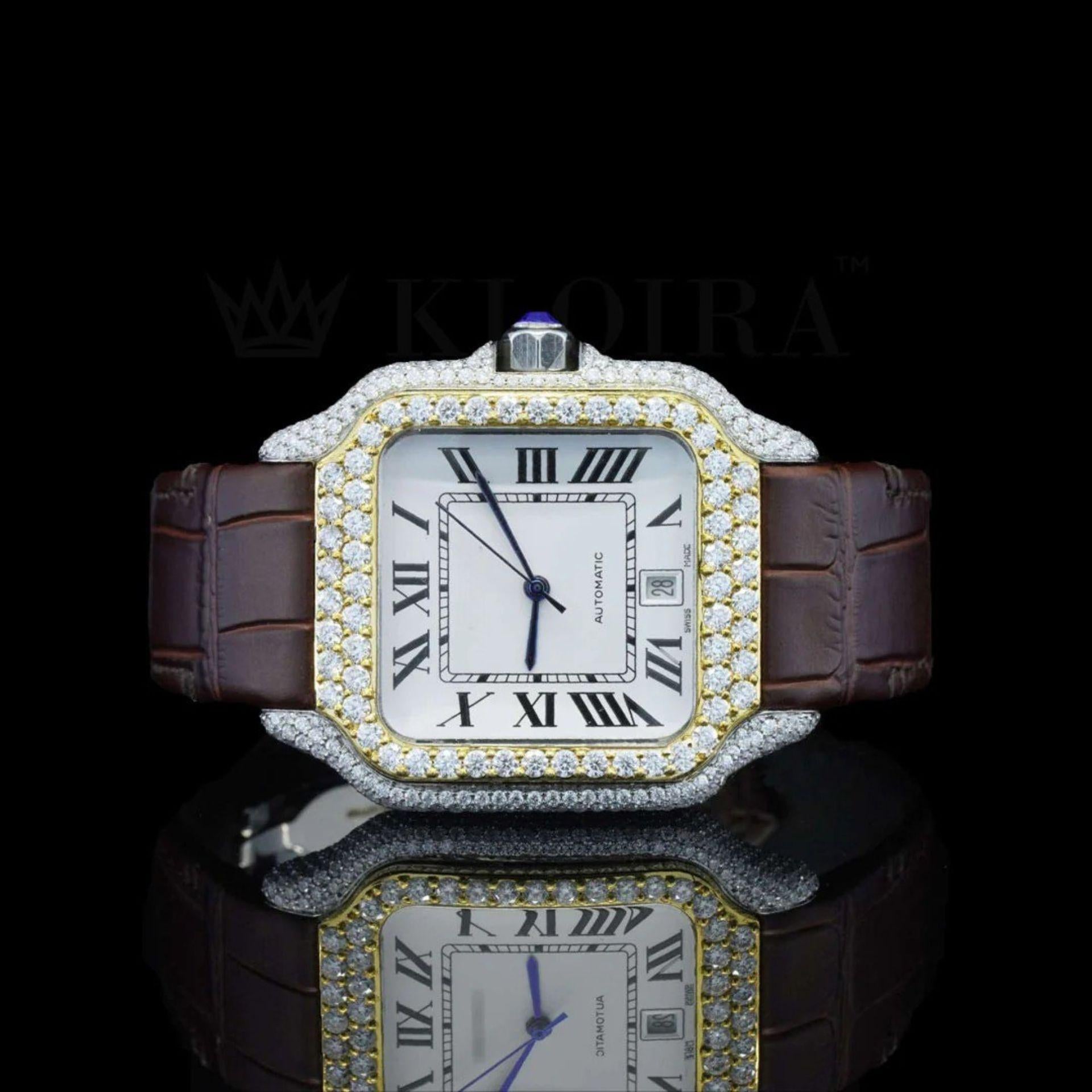 Brown Leather Strap Roman Numerals Lab Grown Diamond Watch Front View