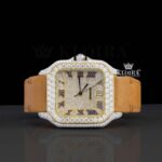 Brown Leather Strap Roman Numerals Moissanite Diamond Watch