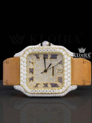 Brown Leather Strap Roman Numerals Moissanite Diamond Watch
