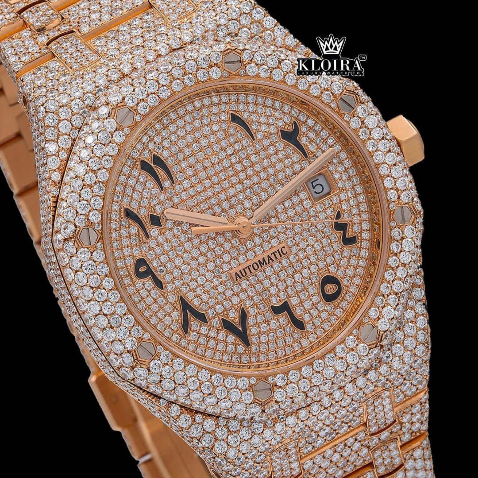 Bust Down Arabic Numerals Rose Gold Dial Moissanite Diamond Watch Close Up Dial View