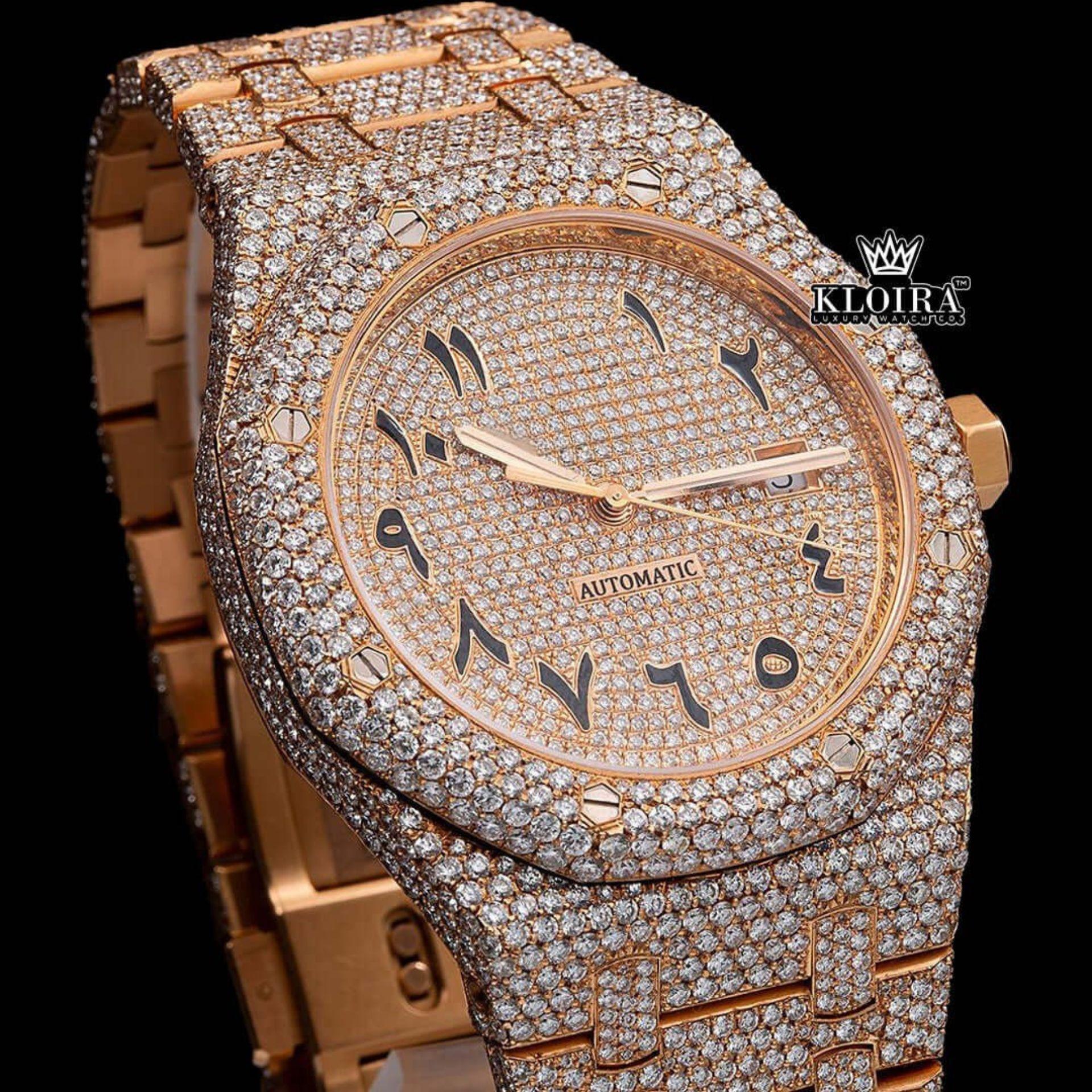 Bust Down Arabic Numerals Rose Gold Dial Moissanite Diamond Watch Close Up Front View
