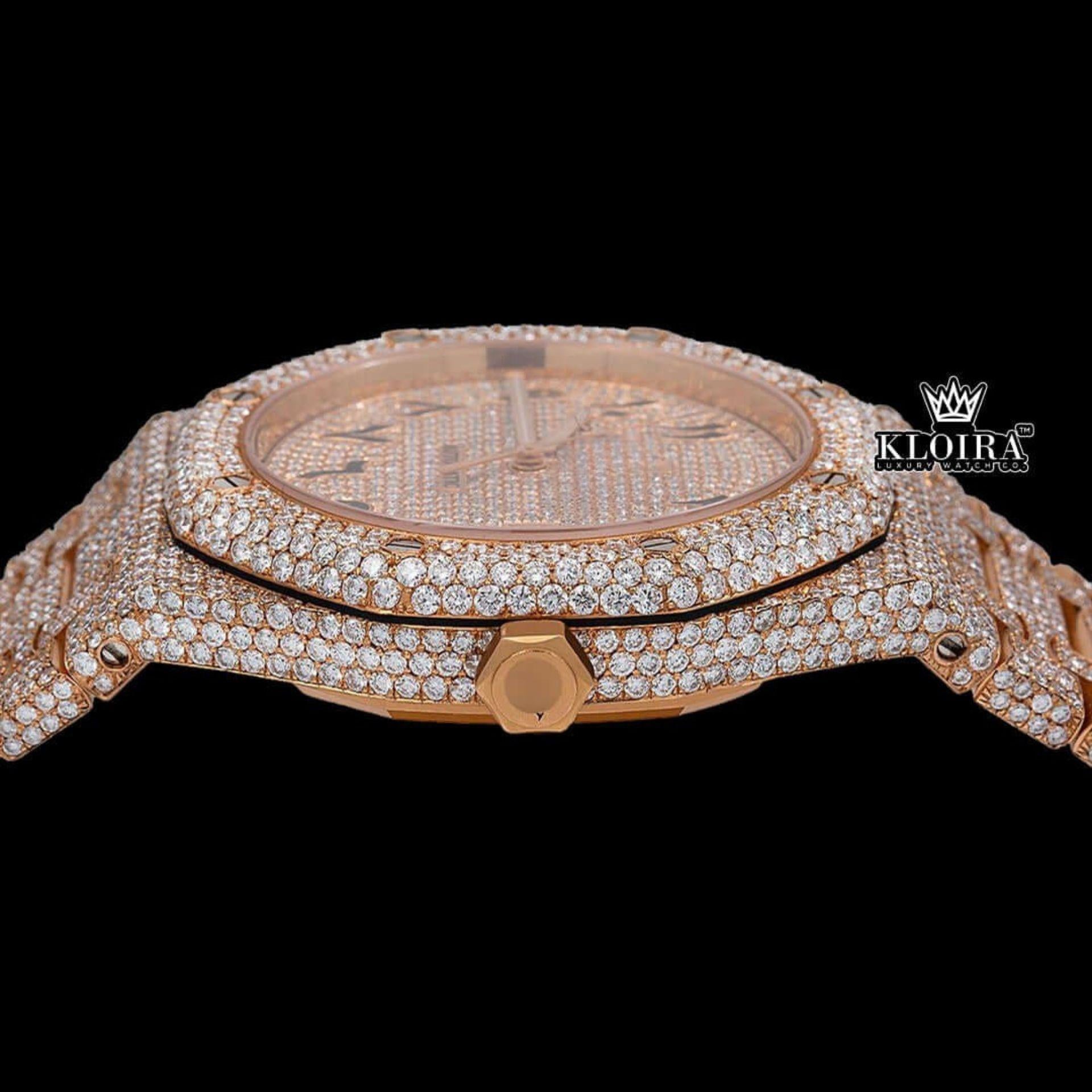 Bust Down Arabic Numerals Rose Gold Dial Moissanite Diamond Watch Crown View