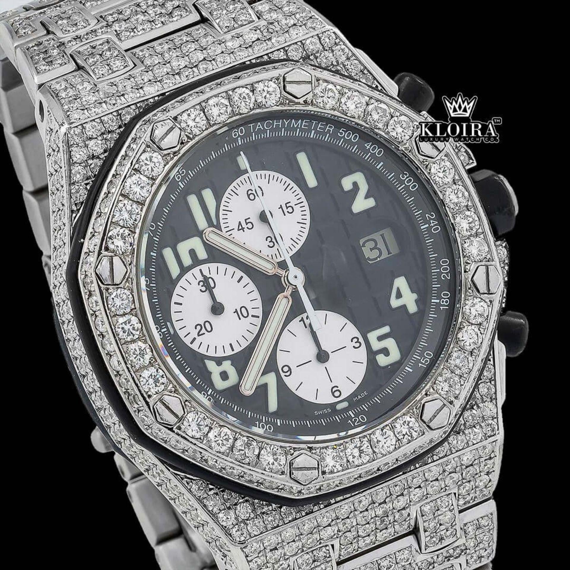 Bust Down Black Dial Chronograph Moissanite Diamond Watch Close Up Dial View