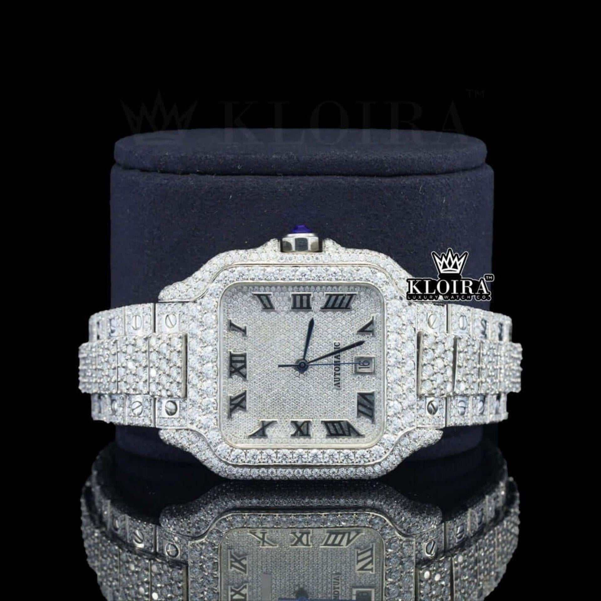 Bust Down Black Roman Numerals White Dial Moissanite Diamond Watch Front Close Up View