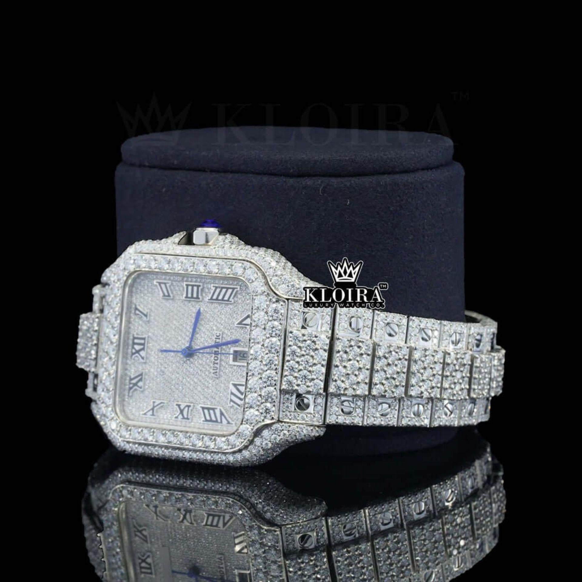 Bust Down Black Roman Numerals White Dial Moissanite Diamond Watch Left Profile View