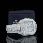 Bust Down Black Roman Numerals White Dial Moissanite Diamond Watch Right Profile View
