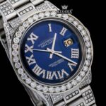 Bust Down Blue Dial White Roman Numerals Moissanite Watch Close Up Dial View