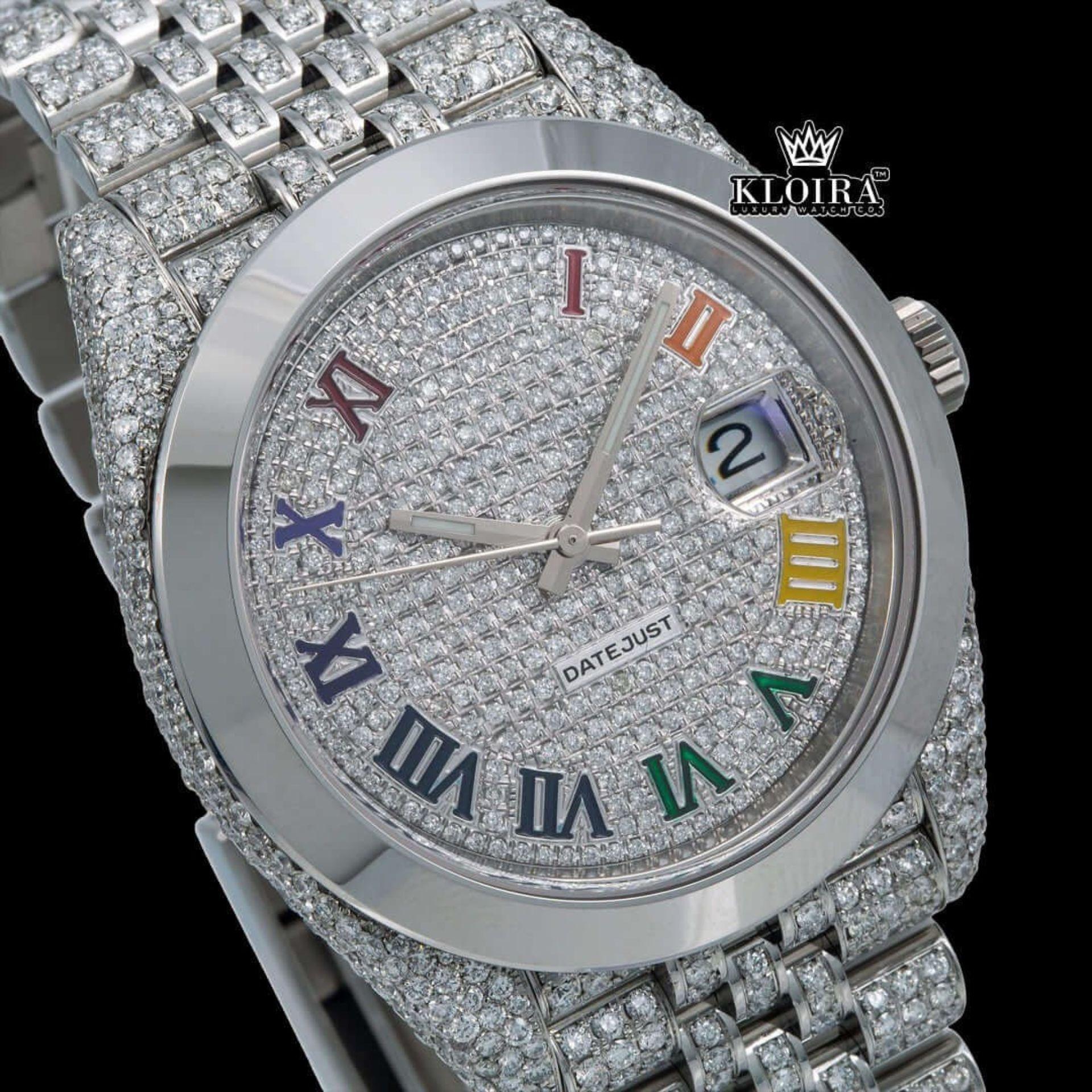 Bust Down Rainbow Roman Numerals Silver Moissanite Diamond Watch Close Up Dial View