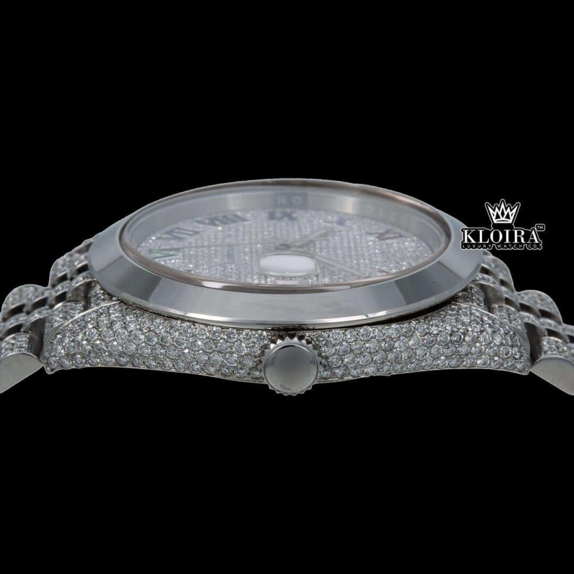 Bust Down Rainbow Roman Numerals Silver Moissanite Diamond Watch Crown View