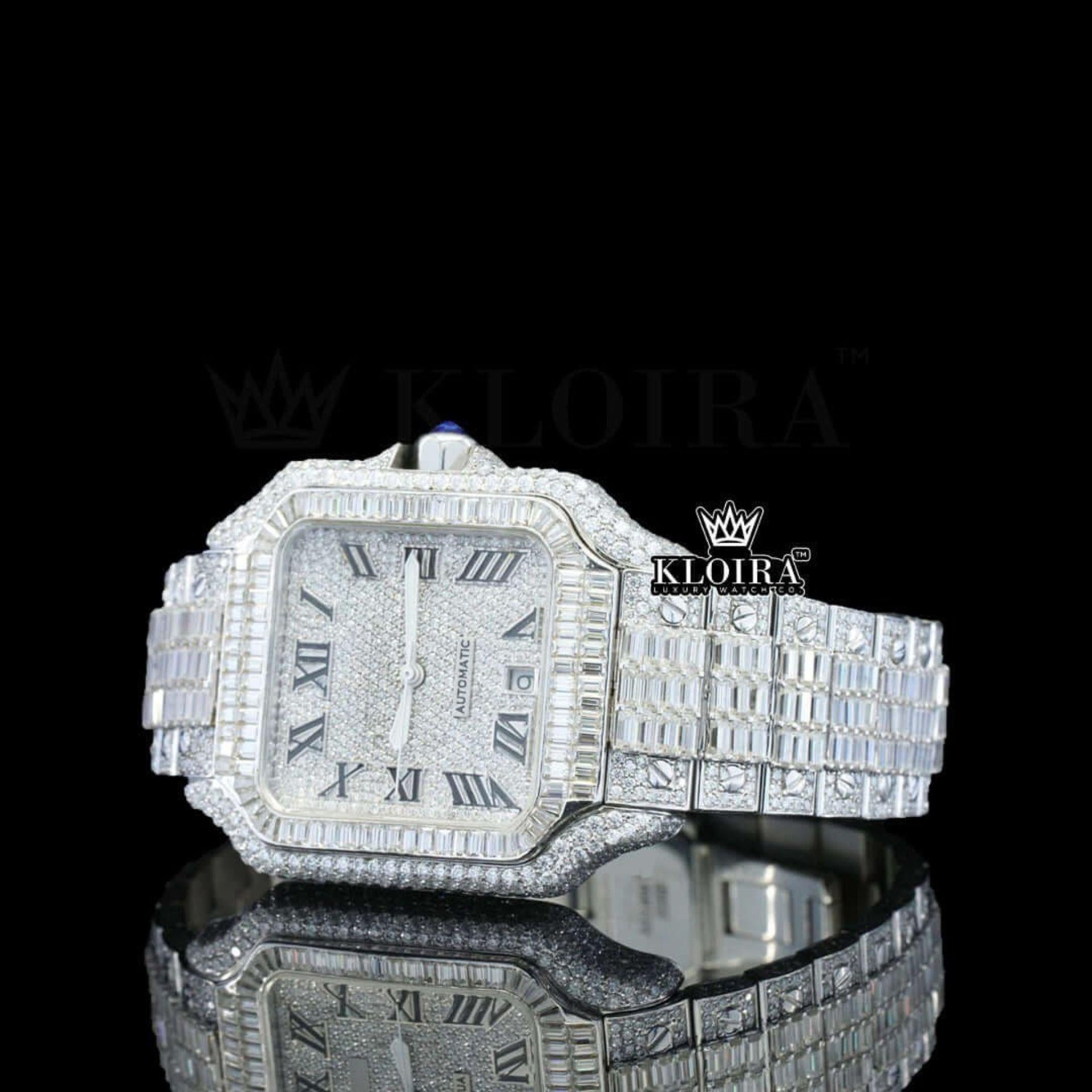 Bust Down Roman Numerals Baguette Moissanite Diamond Watch Left Profile View