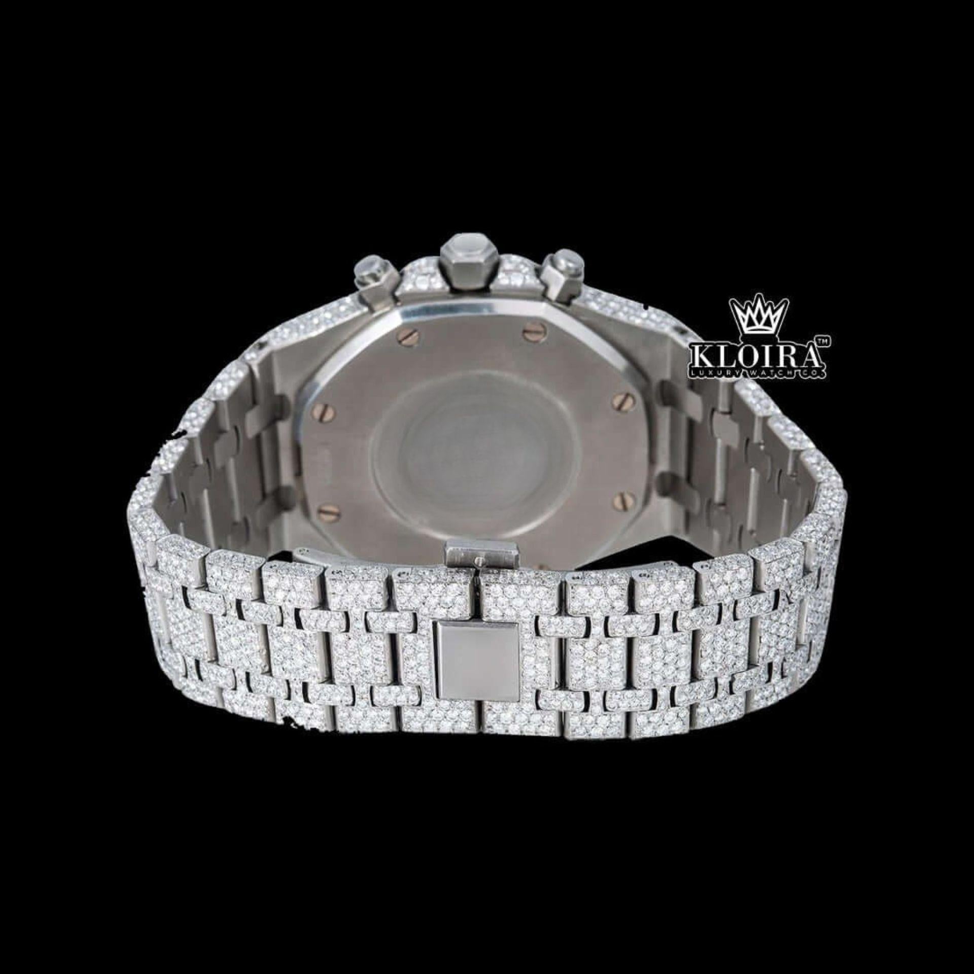 Bust Down Silver Dial Stick Markers Chronograph Moissanite Diamond Watch Caseback View