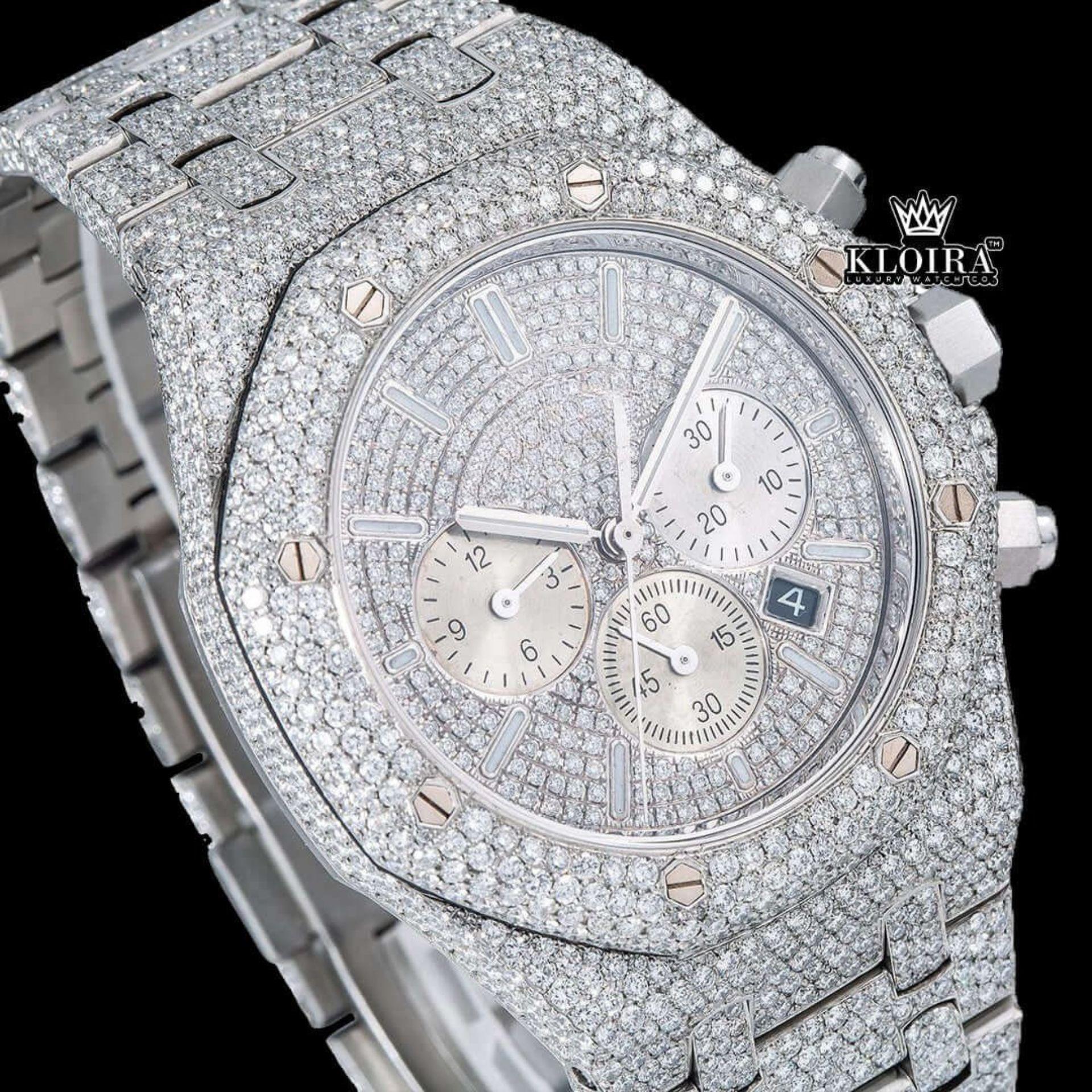 Bust Down Silver Dial Stick Markers Chronograph Moissanite Diamond Watch Close Up Dial View