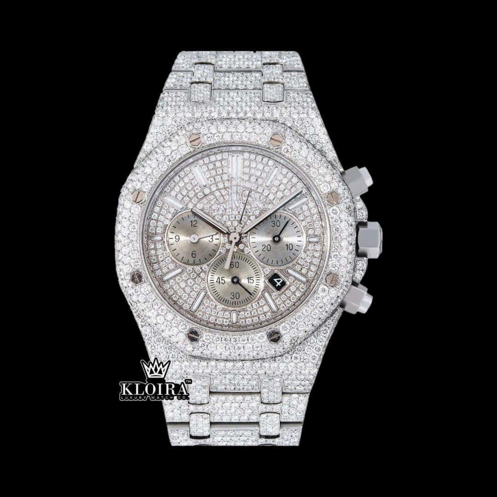 Bust Down Silver Dial Stick Markers Chronograph Moissanite Diamond Watch Front View
