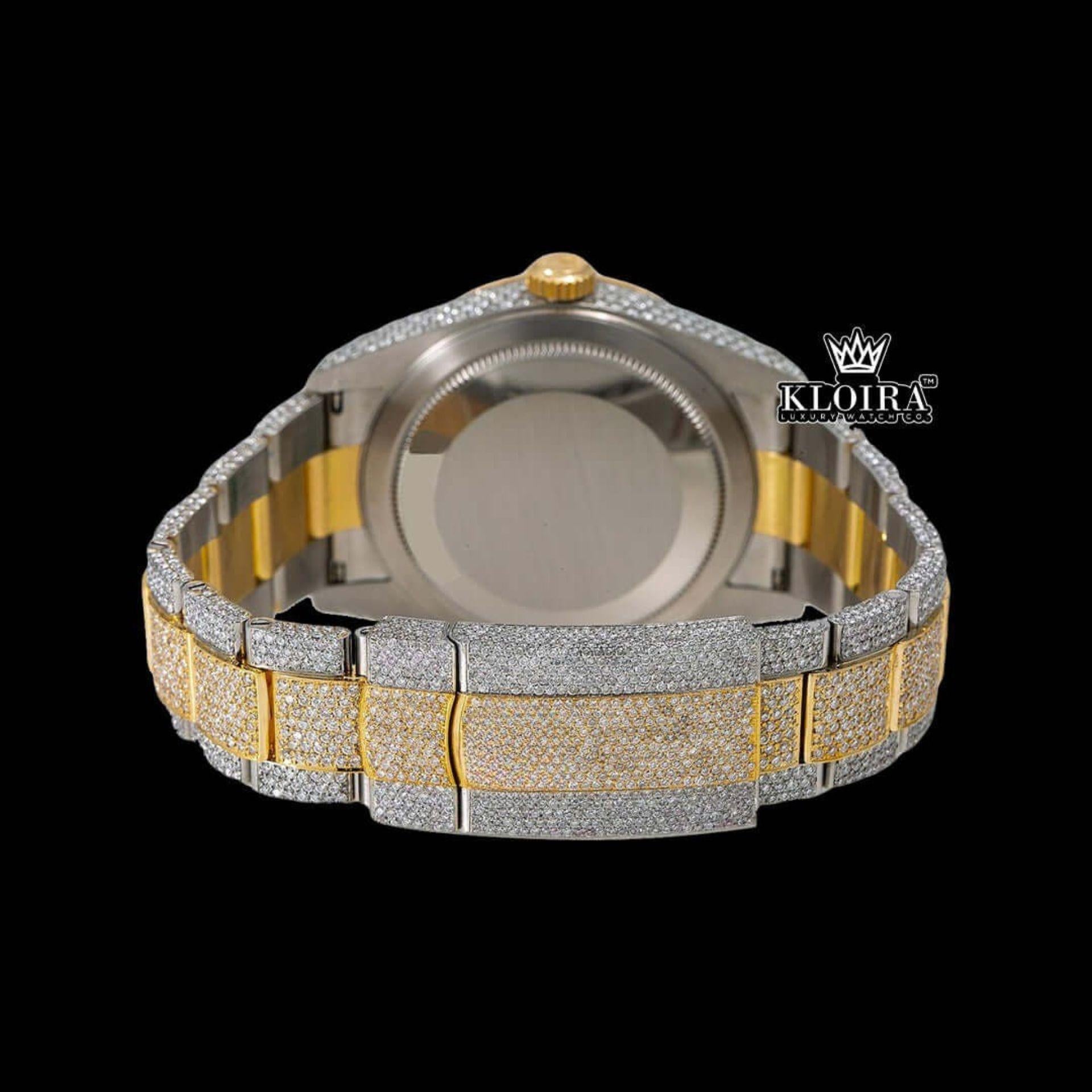 Bust Down Two Tone Yellow Dial Roman Numerals Fluted Bezel Moissanite Watch Caseback View