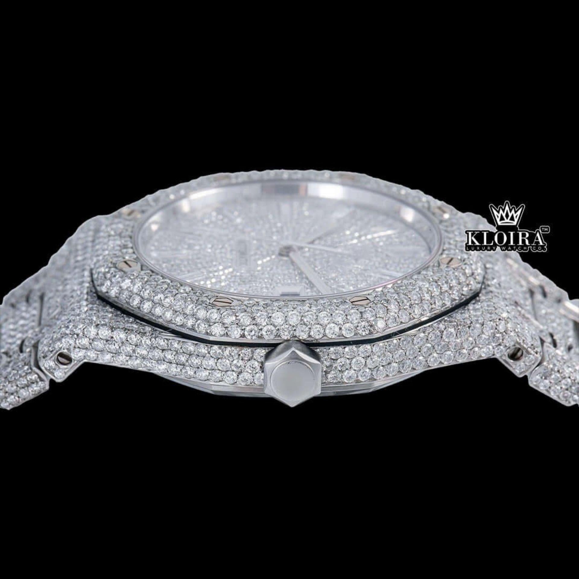 Bust Down White Dial Diamond Markers Moissanite Diamond Watch Crown View
