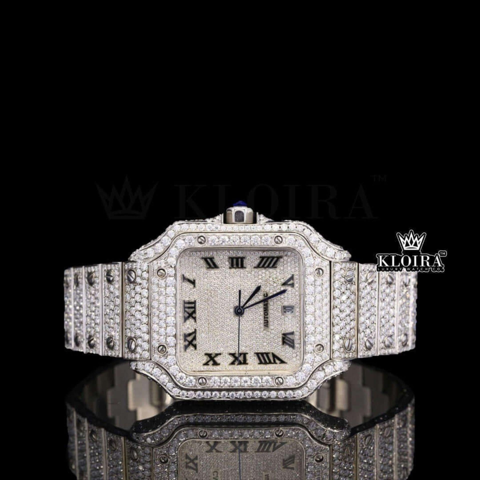 Bust Down White Dial Roman Numerals Moissanite Diamond Watch Front View