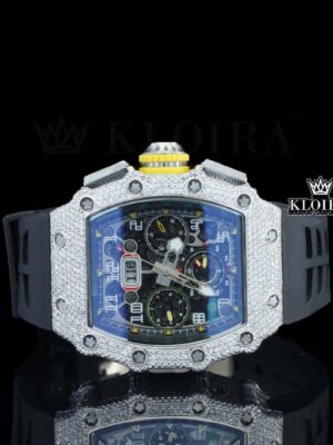 Chronograph Dial Black Rubber Strap Semi Iced Out Moissanite Watch