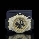 Chronograph Dial Rubber Strap Semi Iced Out Yellow Gold Lab Grown Diamond Watch Close Up Front View