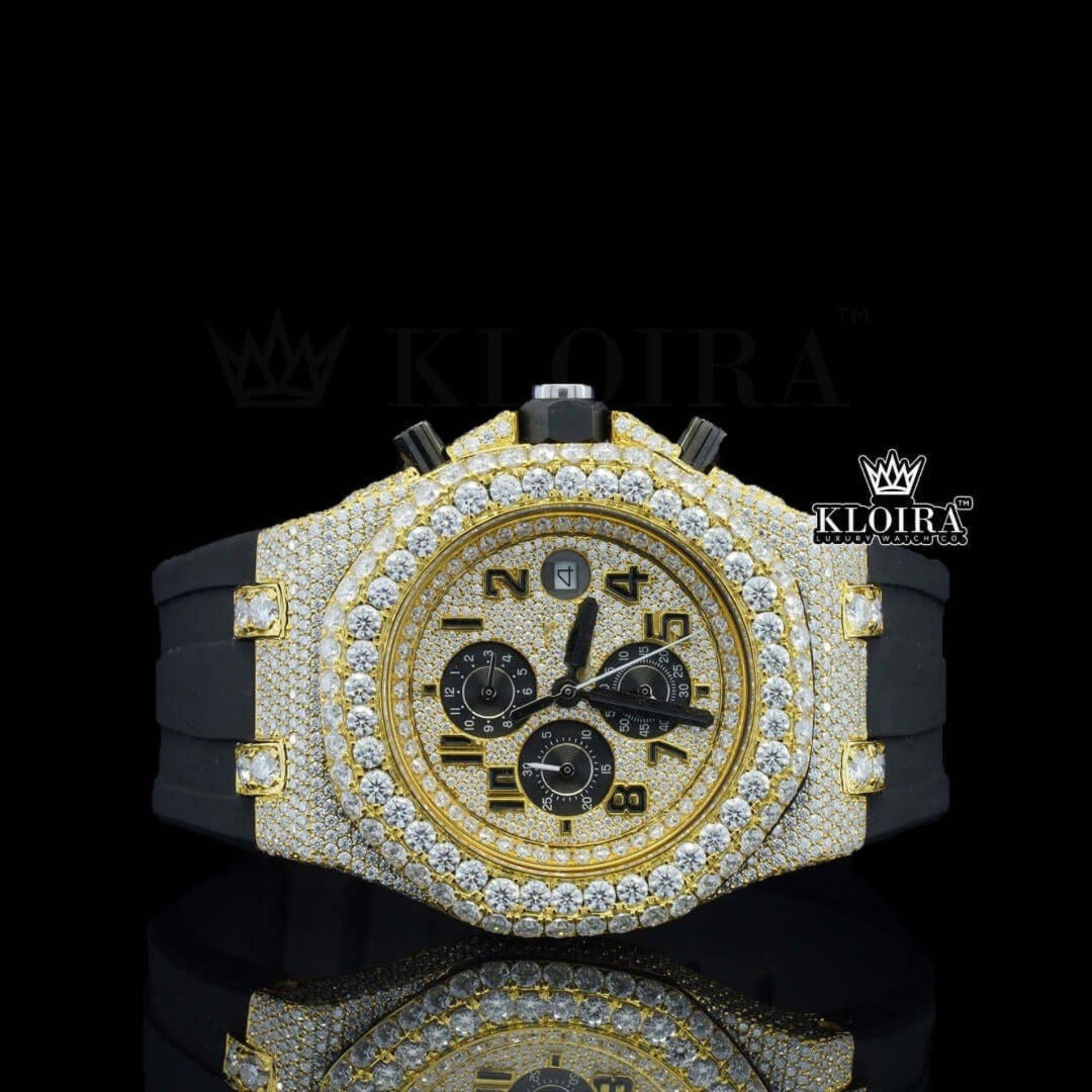 Chronograph Dial Rubber Strap Semi Iced Out Yellow Gold Lab Grown Diamond Watch Front View