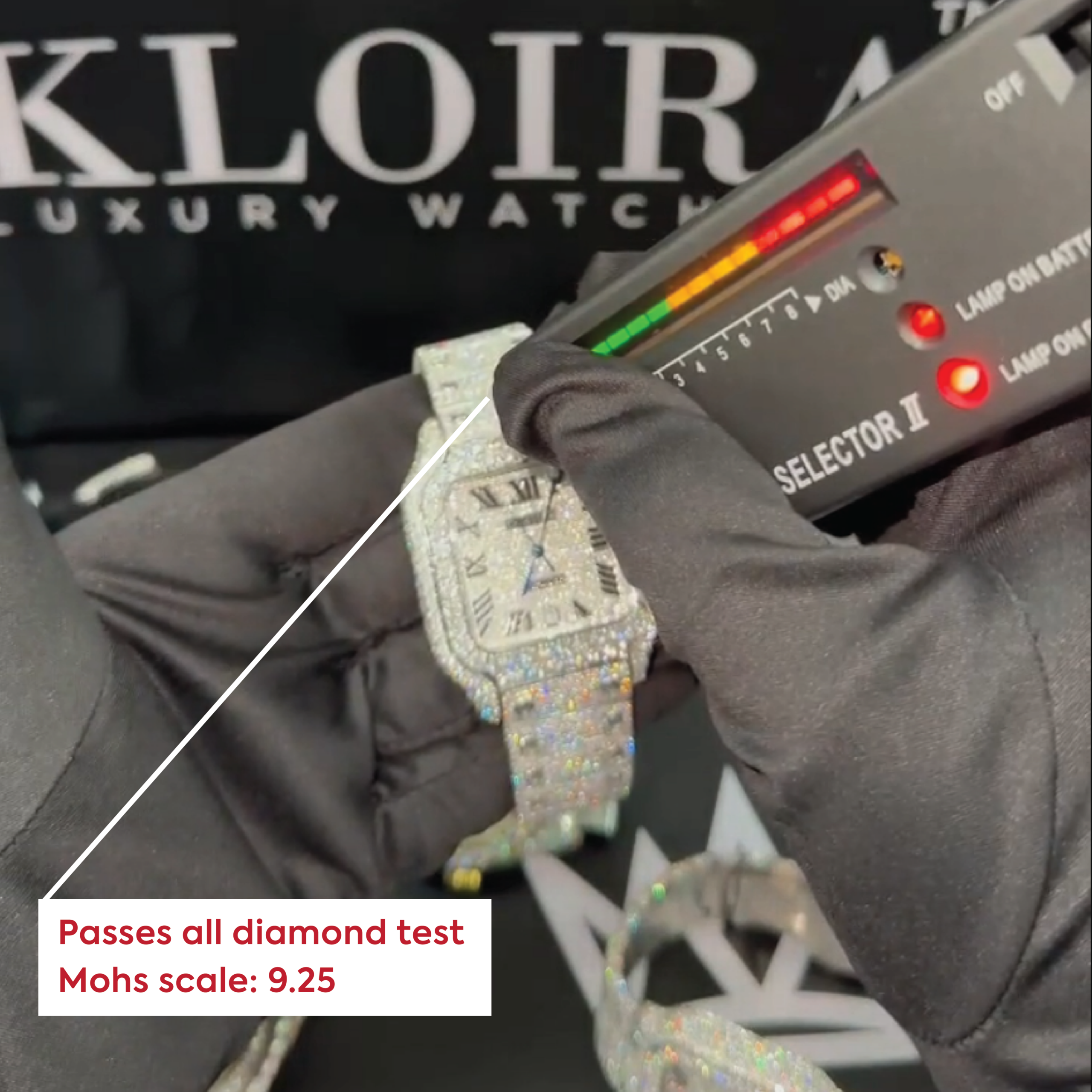 Close-up of a luxury watch passing a diamond test with a Mohs scale rating of 9.25, showcasing its diamond quality.