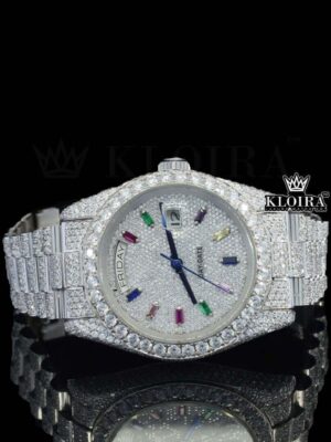 Day Date Display Rainbow Stick Markers Dial Full Iced Out Moissanite Watch