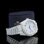 Day Date Display Rainbow Stick Markers Dial Full Iced Out Moissanite Watch Right Profile View