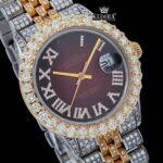 Diamond Bazel Brown Roman DIal Two Tone Moissanite Watch Close Up Dial View