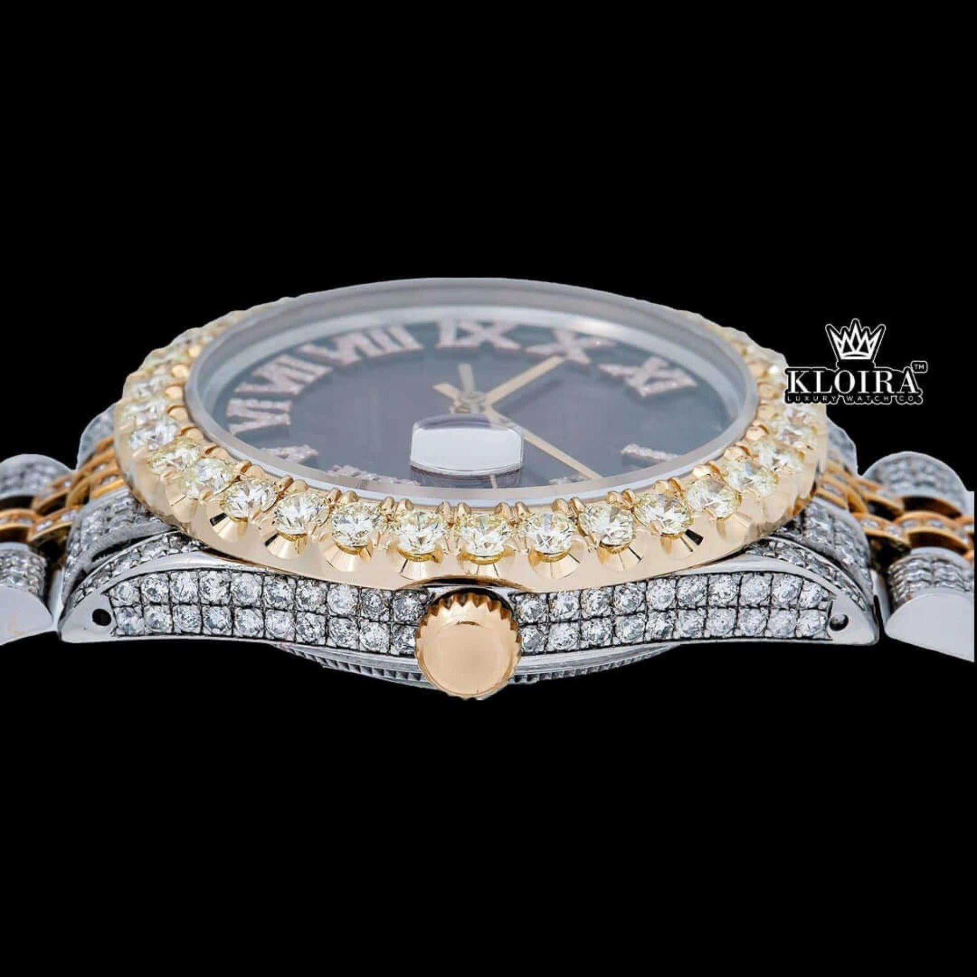 Diamond Bazel Brown Roman DIal Two Tone Moissanite Watch Crown View