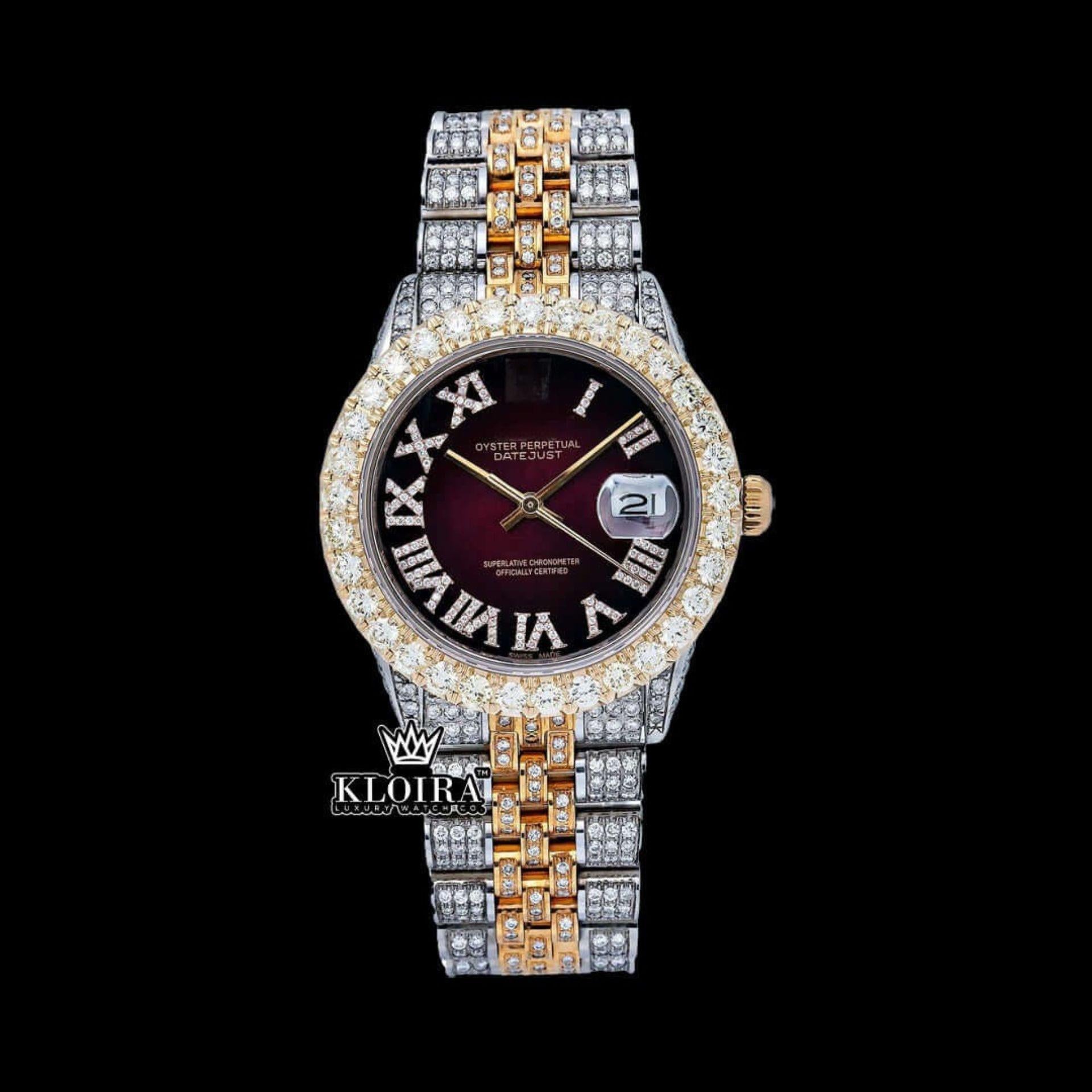Diamond Bazel Brown Roman DIal Two Tone Moissanite Watch Front View