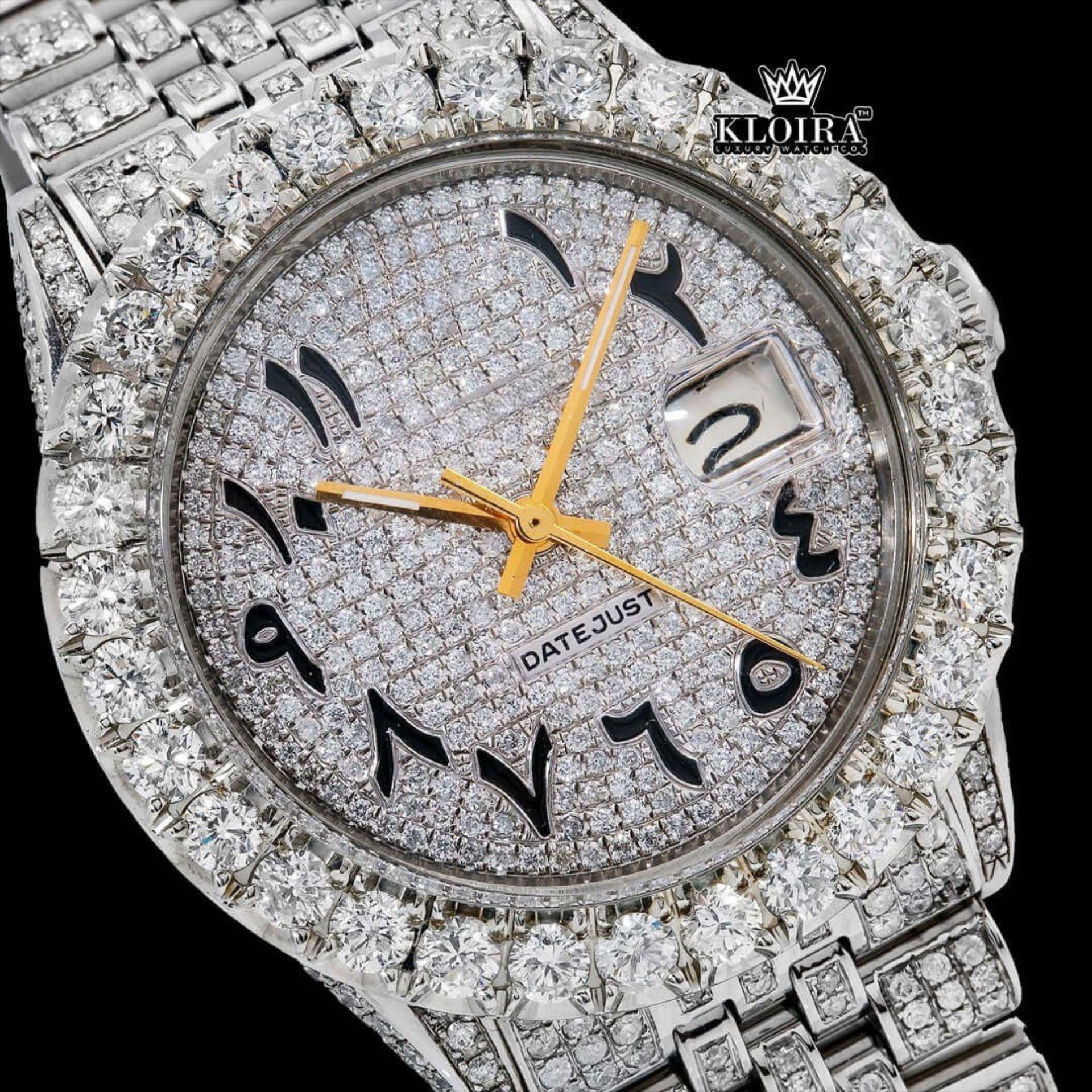 Diamond Bezel Arabic Dial Fully Iced Out Moissanite Watch Close Up Dial View