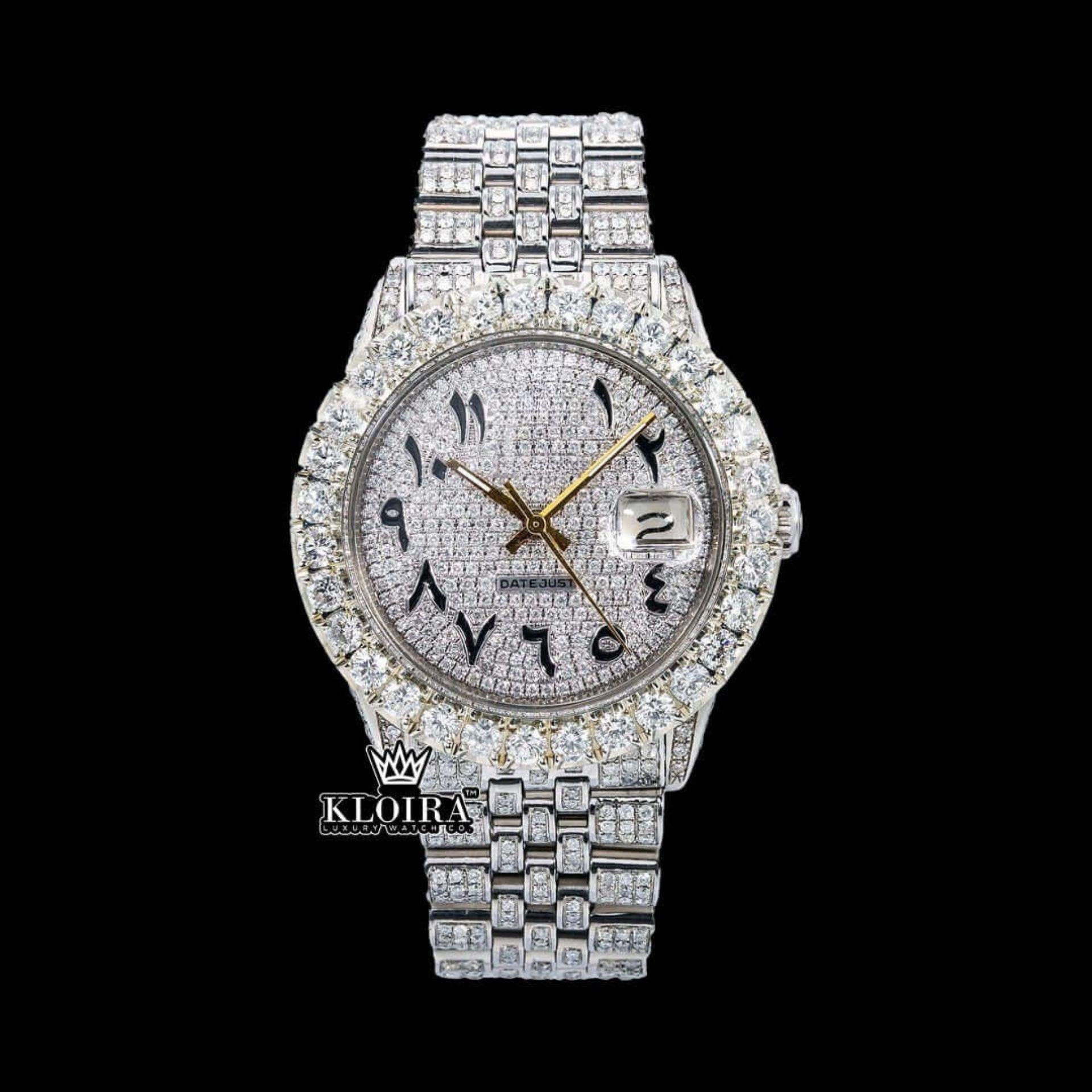 Diamond Bezel Arabic Dial Fully Iced Out Moissanite Watch Front View