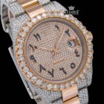 Diamond Bezel Black Arabic Numerals Dial Two Tone Iced Out Moissanite Watch Close Up Dial View