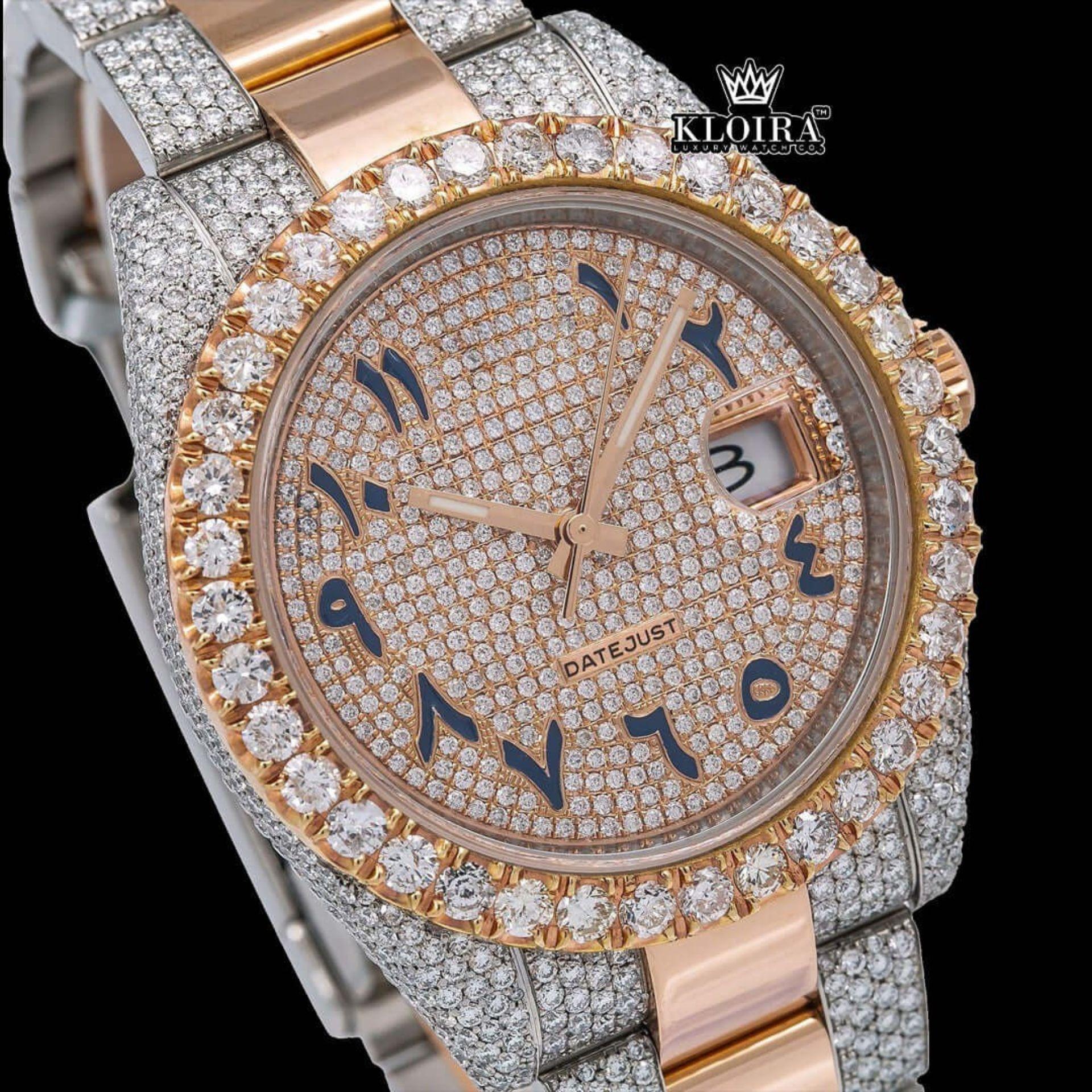 Diamond Bezel Black Arabic Numerals Dial Two Tone Iced Out Moissanite Watch Close Up Dial View
