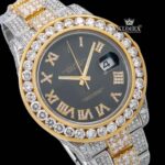 Diamond Bezel Black Dial Roman Numerals Two Tone Iced Out Moissanite Watch Close Up Dial View