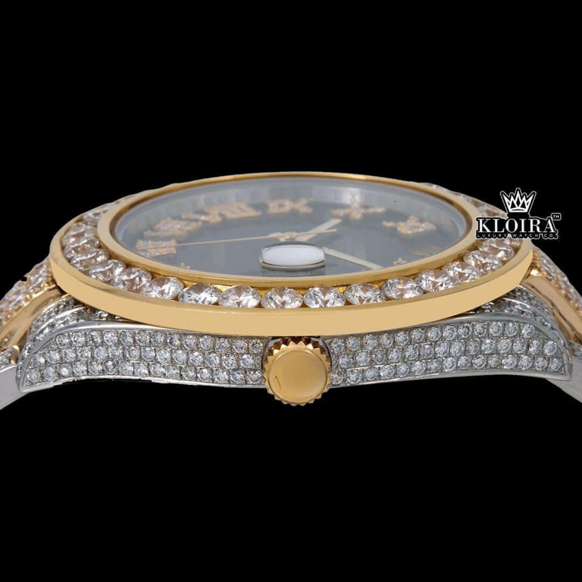 Diamond Bezel Black Dial Roman Numerals Two Tone Iced Out Moissanite Watch Crown View