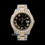 Diamond Bezel Black Dial Roman Numerals Two Tone Iced Out Moissanite Watch