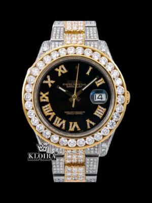 Diamond Bezel Black Dial Roman Numerals Two Tone Iced Out Moissanite Watch