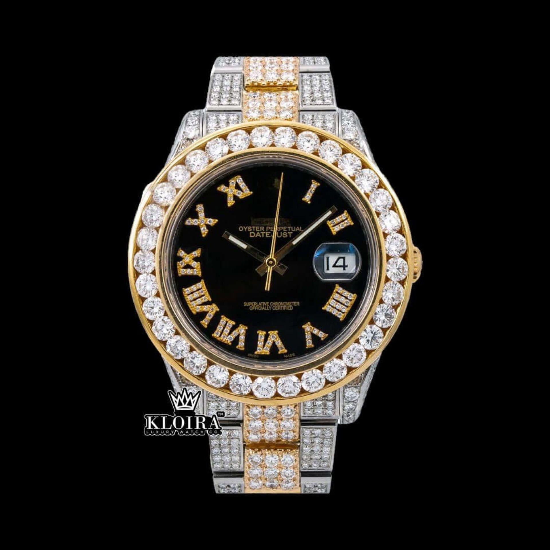 Diamond Bezel Black Dial Roman Numerals Two Tone Iced Out Moissanite Watch Front View