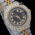 Diamond Bezel Black Dial Two Tone Iced Out Moissanite Watch Close Up Dial View