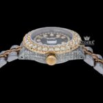 Diamond Bezel Black Dial Two Tone Iced Out Moissanite Watch Crown View