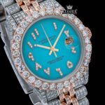 Diamond Bezel Blue Arabic Dial Two Tone Moissanite Watch Close Up Dial View