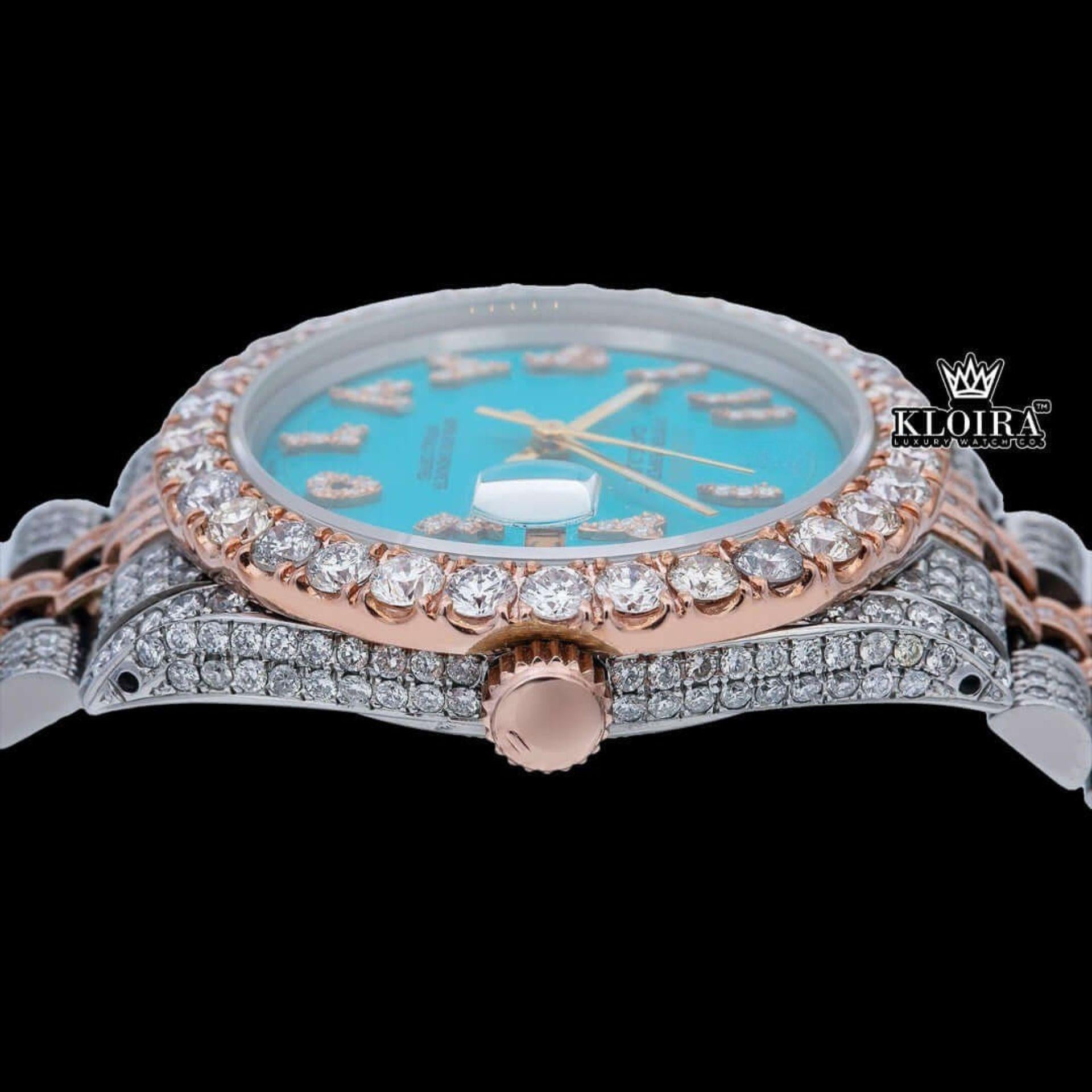Diamond Bezel Blue Arabic Dial Two Tone Moissanite Watch Crown View