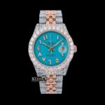 Diamond Bezel Blue Arabic Dial Two Tone Moissanite Watch Front View